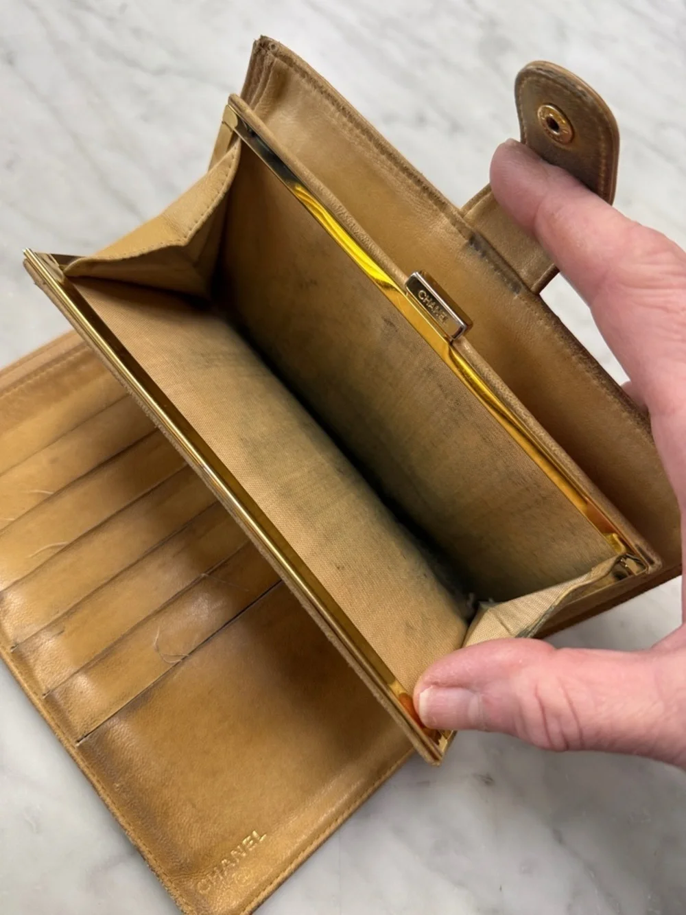CHANEL Vintage Timeless Long Wallet in Beige Caviar Leather